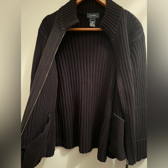 Lauren Ralph Lauren Vintage Black Cotton Ribbed Full Zip Cardigan Sweater Size L - Picture 2 of 8